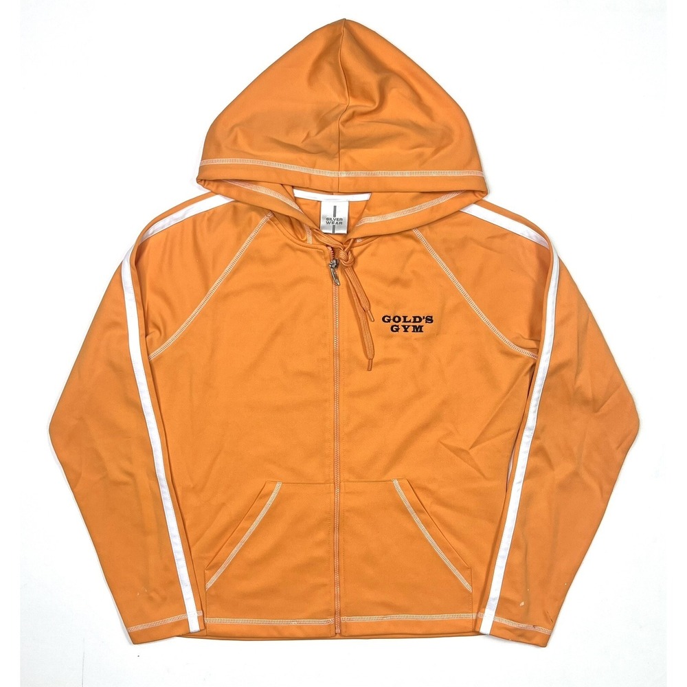 Golds Gym Jacket Womens Small Orange Lightweight Zip Up Hooded Silver Wear